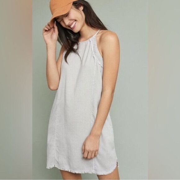 Anthropologie Cloth & Stone Casual Gray Linen Dress with Fringe Bottom, Size L - Picture 1 of 5